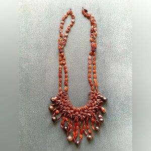 Vintage Apple Seed and Wood Beads Necklace 20.5” Long Sexy Dangling